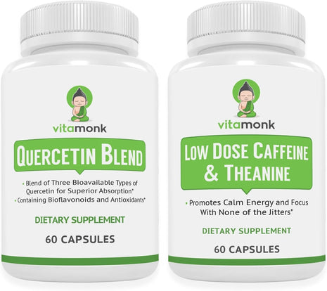 VitaMonk Quercetin Complex + Low Dose Caffeine with L-Theanine Bundle ・Immune, Antioxidant & Energy Support ・Quercetin 500 mg per Serving (2 Capsules) with Bromelain + 25 mg Caffeine