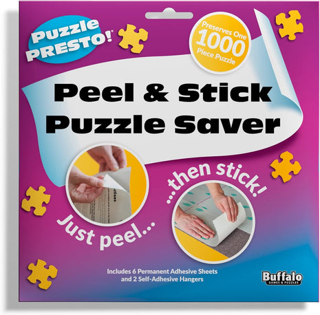 Buffalo Games Puzzle Saver, 6 Sheets & 2 Hangers, Puzzle Preservation Kit | Peel & Stick Puzzle Preservation Kit for Adults, No Messy Glue, 2 Wall Hangers, Fits 29" x 21.5", Made in USA Since 2007