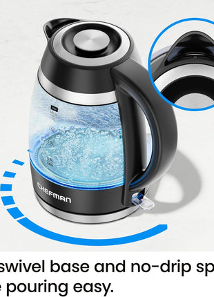 Chefman Electric Kettle, 1.8L 1500W, Hot Water Boiler, Removable Lid for Easy Cleaning, Auto Shut Off, Boil Dry Protection, Stainless Steel Filter, BPA Free, Borosilicate Glass Electric Tea Kettle