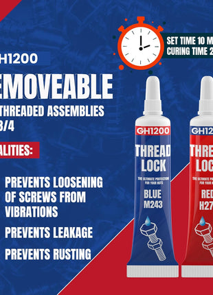 GH1200-6gx2 Pack Thread Lock Medium and Strong Strength for Nuts, Bolts, and Metals, Threadlocker Lock Tight & Seal Fasteners with Stable and Consistent Performance