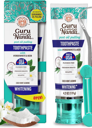 GuruNanda Hydroxyapatite Toothpaste, SLS & Fluoride Free, Whitening Toothpaste - Freshens Breath, Fights Plaque - Natural CocoMint Jasmine Neem, 4.2oz