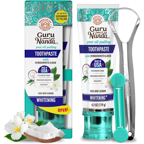 GuruNanda Hydroxyapatite Toothpaste, SLS & Fluoride Free, Whitening Toothpaste - Freshens Breath, Fights Plaque - Natural CocoMint Jasmine Neem, 4.2oz