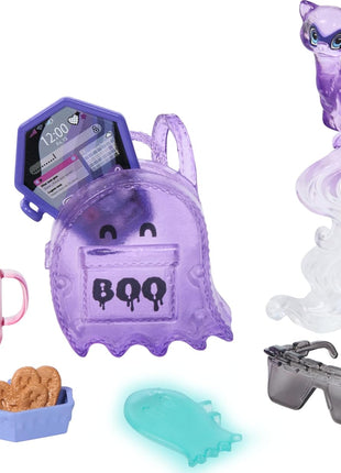 Monster High Spectra Vondergeist Doll | Ghost in Purple Clothes, Includes Pet Ferret Rhuen, 7 Accessories like Backpack, Tablet, Snacks and More (Amazon Exclusive)