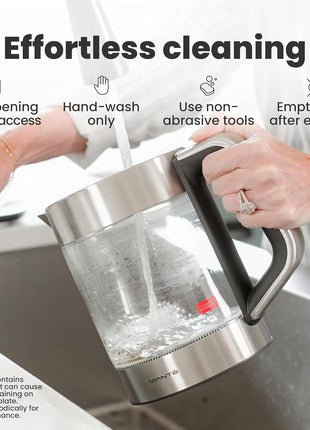 Viante Alba Electric Tea Kettle With Infuser, No Plastic, 1.5L | Borosilicate glass & 304 stainless steel construction. 4 temp presets, keep-warm, cordless, auto shut-off
