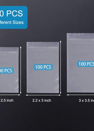 Small Plastic Bags, 300 PCS Mini Baggies, 3 Assorted Sizes, Transparent Jewelry Bag Reclosable, Clear Bag, Resealable Poly Bags for Pill, Beads, Screws, Packaging