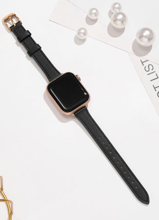STIROLL Slim Leather Bands Compatible with Apple Watch Band 38mm 40mm 41mm 42mm(Series 11 10), Top Grain Leather Watch Thin Wristband for iWatch SE 9 8 7 6 5 4 3 2 1 (Black Rose Gold)