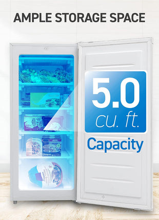 Commercial Cool Upright Freezer, Stand Up Freezer 5 Cu Ft with Reversible Door, White | 4 Fixed Freezer Shelves, Reversible Door, Adjustable Thermostat, Manual Defrost