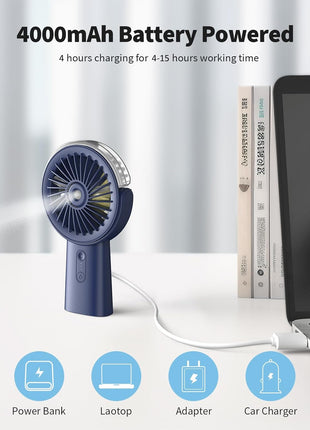 Otlonpe Handheld Misting Fan Portable, Small Personal Hand Held Rechargeable Mist Fan Water Spray, 4000mAh Battery Operated Hand Mister Fans 3-Speed, 4-15 Hrs Runtime for Travel Home Office Outdoor
