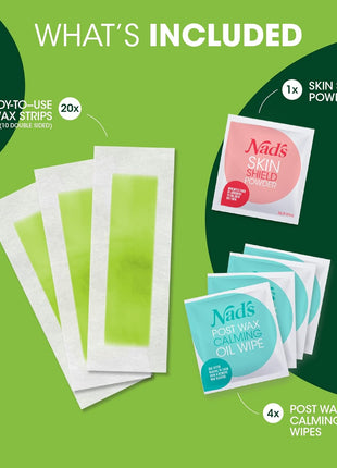Nad's Facial Wax Strips - Hypoallergenic All Skin Types - Facial Hair Removal For Women - At Home Waxing Kit with 20 Face Wax Strips + 4 Calming Oil Wipes + Skin Protection Powder