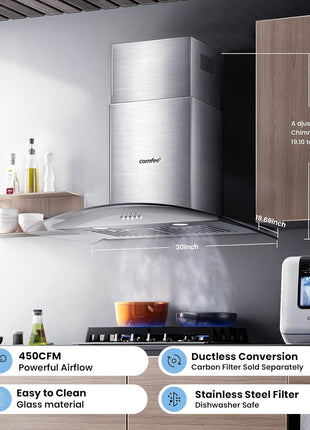COMFEE' 30 Inch Wall Mount Range Hood, 450 CFM Ductless/Ducted Convertible | Island Range Hood 3-Speed Exhaust Fan, Curved Glass Stainless Steel Kitchen Vent Hood, 2 Baffle Filters, 2 LED Lights