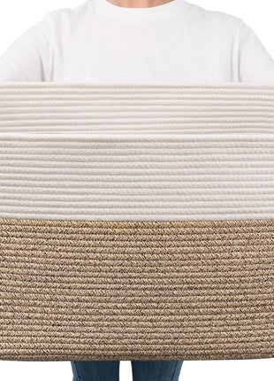 Goodpick Large Woven Blanket Basket, 21.6 inch x 14.9 inch x 11.8 inch Storage Baskets for Organizing, Rectangle Cotton Rope Toy Basket for Living Room, Bedroom, White & Brown