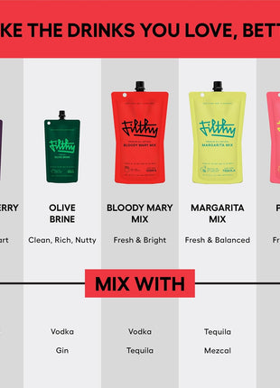 Filthy Bloody Mary Mix, Premium Cocktail Mixer - 32 Oz Pouch, 2 Pack | All-Natural Ingredients, Made with Real Tomatoes - Travel Friendly for Vacation & Home Bars - Non-GMO, Gluten-Free & Vegan
