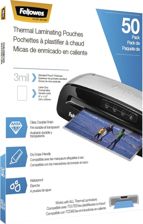 Fellowes® Thermal Laminating Pouches 8-1/2 inch inch x 11 inch inch, Clear, Pack of 50, Glossy
