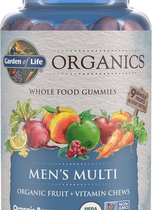 Garden of Life Organics Men's Gummy Vitamins - Berry - Certified Organic, Non-GMO, Vegan, Kosher Complete Multi - Methyl B12, C & D3 - Gluten, Soy & Dairy Free, 120 Real Fruit Chew Gummies