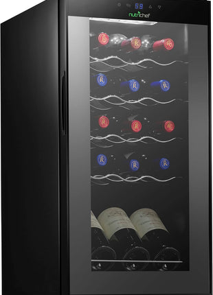 NutriChef Compressor Refrigerator White & Red Chiller Countertop Cooler-Freestanding Compact Mini Wine 15 Bottle Capacity, Digital, Glass Door, Black, Quiet Operation Fridge Touch Temperature Control