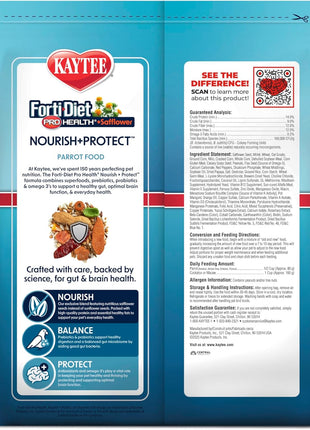 Kaytee Forti-Diet Pro Health+Safflower Nourish+Protect Parrot Food, Supports Breeding and Molting, Nutrition Backed by Science, Digestive and Brain Health, 4 pounds