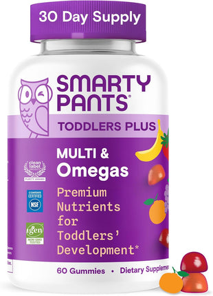 SmartyPants Toddler Multivitamin Gummies, Omega 3 (DHA/EPA), Vitamins D3, C, Vitamin B12, B6, A, K & Zinc, Biotin, Gluten Free, Three Fruit Flavors, 60 Count (30 Day Supply)
