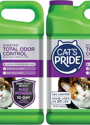 Cat's Pride Max Power: Total Odor Control - Up to 10 Days of Powerful Odor Control - Strong Clumping - Hypoallergenic - 99% Dust Free - Multi-Cat Litter, Unscented, 15 Pounds
