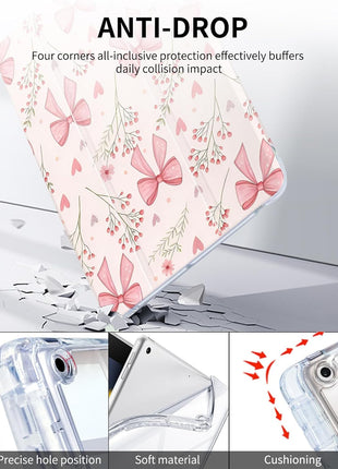 Case for iPad 9th/ 8th/ 7th Generation Case 10.2 Inch (2021/2020/2019 Release), Slim Trifold Clear Back Transparent Cover with Pencil Holder & Auto Sleep/Wake Cover,Bow Heart Floral Print