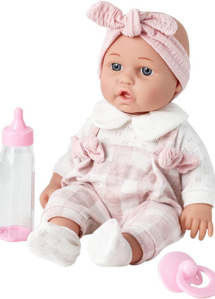 Enjoyin 12'' Baby Doll in Gift Box with Pink Cloths, Pacifier, 13''x13'' Microfabric Blanket, and Feeding Bottle. Gift Idea for Ages 3+