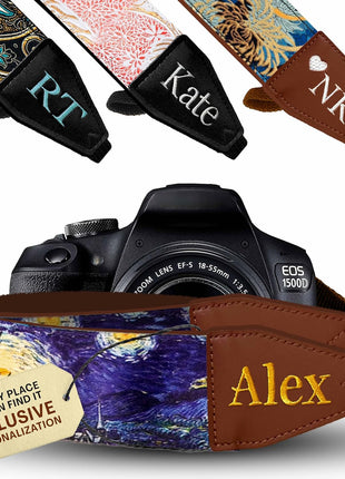Camera Strap - Shoulder, Crossbody & Neck Camera Strap for Photographers, Fits All Cameras, Canon Nikon Sony Fujifilm, Padded Strap W/ Quick Release, Embroidered Cotton & Leather Ends, Blue