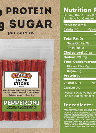 Old Wisconsin Pepperoni Sausage Snack Sticks, Naturally Smoked, Ready to Eat, High Protein, Low Carb, Keto, Gluten Free, 28 Ounce Resealable Package