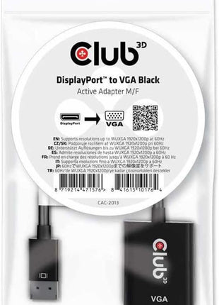 Club3D DisplayPort 1.1A Male to VGA Female Active Adapter Black Adapters