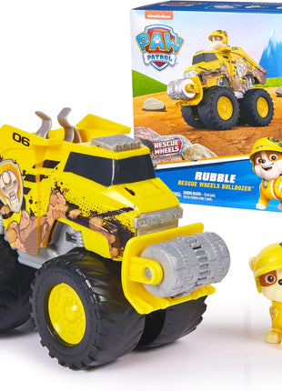 Paw Patrol Rescue Wheels Rubble's Transforming Bulldozer & Action Figure | Oversized Monster Truck Wheels, Spring-Loaded Plow Roller, Rubble Action Figure, Kids Toys for Boys & Girls Ages 3+