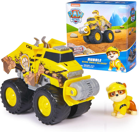 Paw Patrol Rescue Wheels Rubble's Transforming Bulldozer & Action Figure | Oversized Monster Truck Wheels, Spring-Loaded Plow Roller, Rubble Action Figure, Kids Toys for Boys & Girls Ages 3+