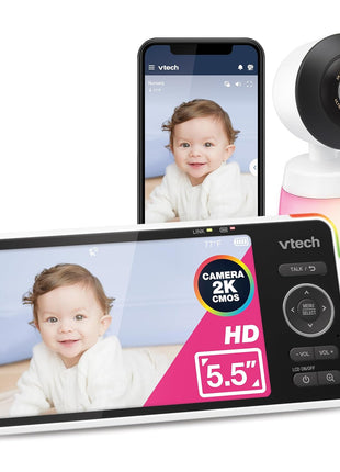 VTech Smart WiFi Baby Monitor – See Your Baby at Home or from Anywhere, 2K Camera, 5.5inch Screen, 24X Zoom, Wide Angle, Night Vision, Night Light, Free App | Smart HD Plus