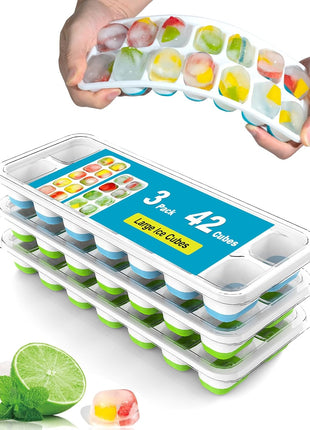 Ice Cube Trays for Freezer   3 Pack 42 Cubes, Easy to Release Silicone Ice Trays with Spill Resistant Lids, Reusable Ice Tray,Stackable and BPA Free, Perfect for Cocktails, Drinks,and Ice Coffee