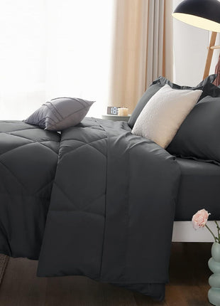 CozyLux Queen Comforter Set Dark Grey   Bed in a Bag Queen Size 7 Pieces, Luxury Soft Bed Set for All Seasons, Bedding Set with Down Alternative Comforter, Sheets, Pillowcases & Shams