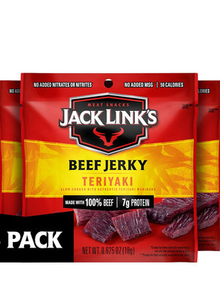 Jack Link's Beef Jerky, Teriyaki, Multipack Bags   Flavorful Meat Snacks for Lunches, Ready to Eat Protein Snacks, Individual Packs   7g of Protein, Made with 100% Beef   0.625 oz (Pack of 5)