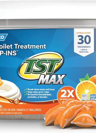 Camco TST MAX RV Toilet Treatment Drop-INs - Control Unwanted Odors & Break Down Waste and Tissue - Safe Septic Tank Treatment - Orange Scent, 30-Pack (41183)