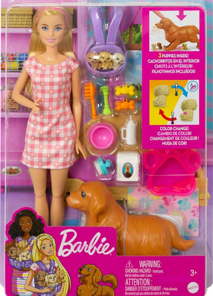 Barbie Doll & Pets Set, Blonde with Mommy Dog, 3 Newborn Puppies with Color-Change Feature & Pet Accessories