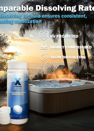 XtremeClear 1 inch Chlorine Tabs Swimming Pool Hot Tub & Spa Eliminate Bacteria & Algae Sanitizer Makes Water Clean & Crystal Clear Slow Dissolving 1.5lbs