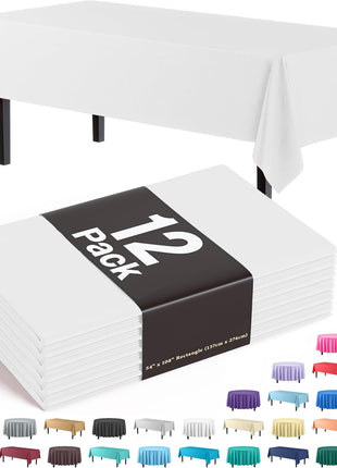Exquisite 12 Pack Premium Plastic Tablecloth 54 Inch. x 108 Inch. Rectangle Table Cover White