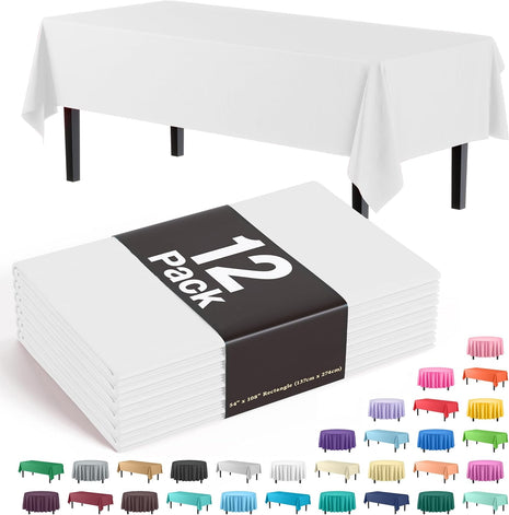 Exquisite 12 Pack Premium Plastic Tablecloth 54 Inch. x 108 Inch. Rectangle Table Cover White