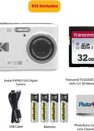 KODAK PIXPRO FZ45 16MP Digital Camera with 4X Optical Zoom 27mm Wide Angle and 2.7" LCD Screen Bundle with 32GB SD Memory Card, AA Batteries (4 Pack), Lens Cleaning Cloth (White)