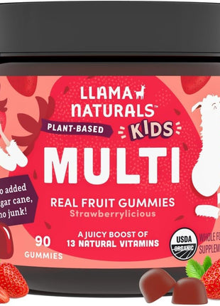 Llama Naturals Kids Multivitamin Gummies | Real Fruit, No Added Sugar Cane | Organic Vegan Toddler Whole Food Vitamins | Vitamin D, C & Beta Carotene Gummy Supplement | Strawberry 90 Ct (1-2 Months)