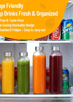 Luxfuel Clear Glass Bottles with Lids 18 oz, Reusable Glass Water Bottles with Stainless Steel Cap for Refrigerator, Juicing, 100% Leak Proof, BPA Free, Juice Bottle Drinking Jar Containers Set of 6