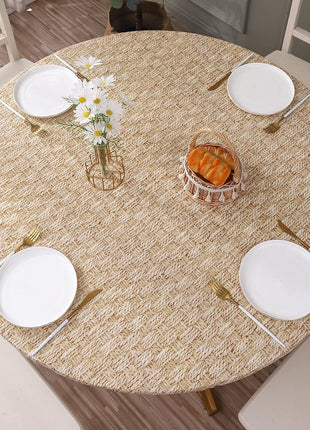 Round Vinyl Fitted Tablecloth with Flannel Backing Elastic Edge Design Table Cover Waterproof Oil Proof PVC Table Cloth Stain Resistant Best for 45 inch 56 inch Round