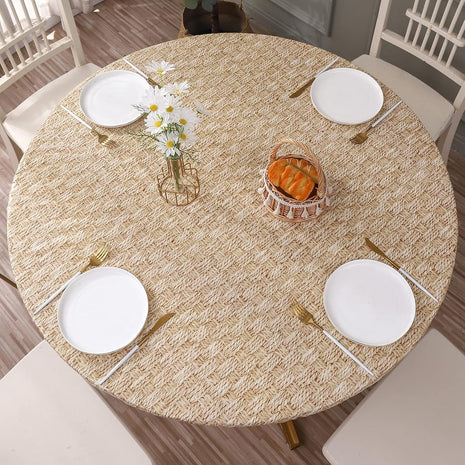 Round Vinyl Fitted Tablecloth with Flannel Backing Elastic Edge Design Table Cover Waterproof Oil Proof PVC Table Cloth Stain Resistant Best for 45 inch 56 inch Round