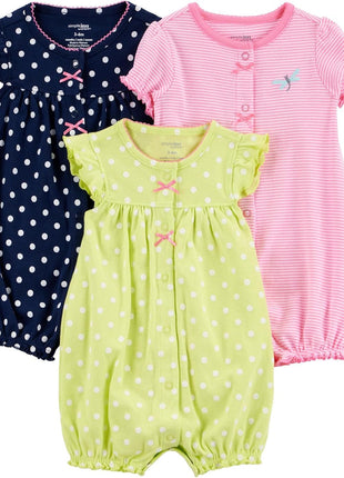 Simple Joys by Carter's Baby Girls' 3-Pack Snap-up Rompers, Light Green/Navy Dots/Pink Stripe, 6-9 Months