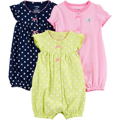 Simple Joys by Carter's Baby Girls' 3-Pack Snap-up Rompers, Light Green/Navy Dots/Pink Stripe, 6-9 Months