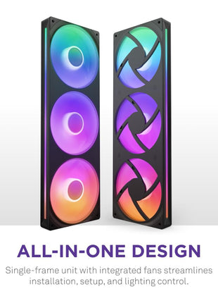 NZXT F360 RGB Core - 360mm Single-Frame RGB Fan Unit - Black | 360mm single-frame unit with three 120mm RGB fans on one cable. Speed and lighting controlled through CAM.