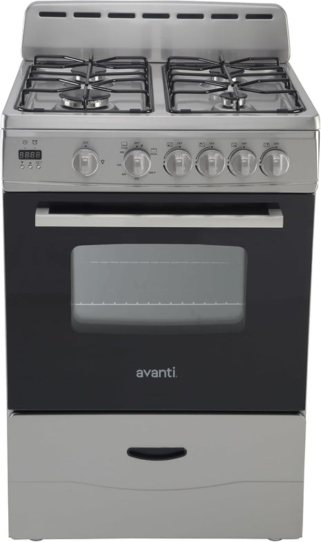 Avanti Compact Gas Range Oven 24-Inch with 4 Sealed Burners Automatic Electronic Ignition Large 2.6 cu.ft. Oven Storage Drawer Glass Door and Oven Light, in Stainless Steel