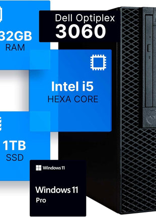 Dell Optiplex 3060 Desktop Computer | Intel i5-8500 (3.2) | 32GB DDR4 RAM | 1TB SSD Solid State | Built in WiFi | Bluetooth | Windows 11 Professional | Home or Office PC (Renewed)