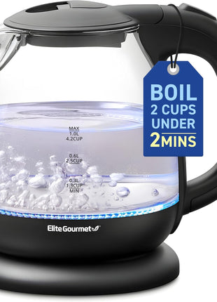 Elite Gourmet EKT1001 1.0L Glass Kettle, 1100W, Cordless Base, Black | BPA-Free Glass, Blue LED Interior, 360° Base, Auto Shut-Off Function, Quickly Boil Water for Tea & More