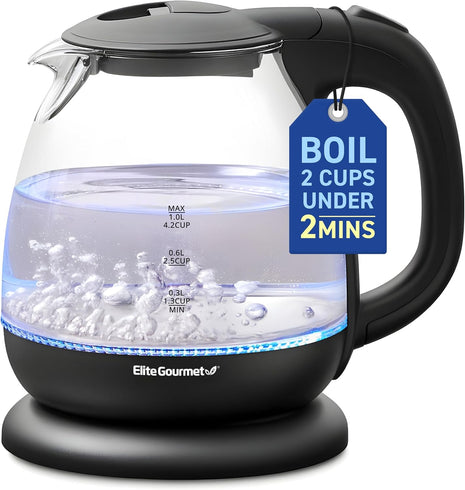 Elite Gourmet EKT1001 1.0L Glass Kettle, 1100W, Cordless Base, Black | BPA-Free Glass, Blue LED Interior, 360° Base, Auto Shut-Off Function, Quickly Boil Water for Tea & More